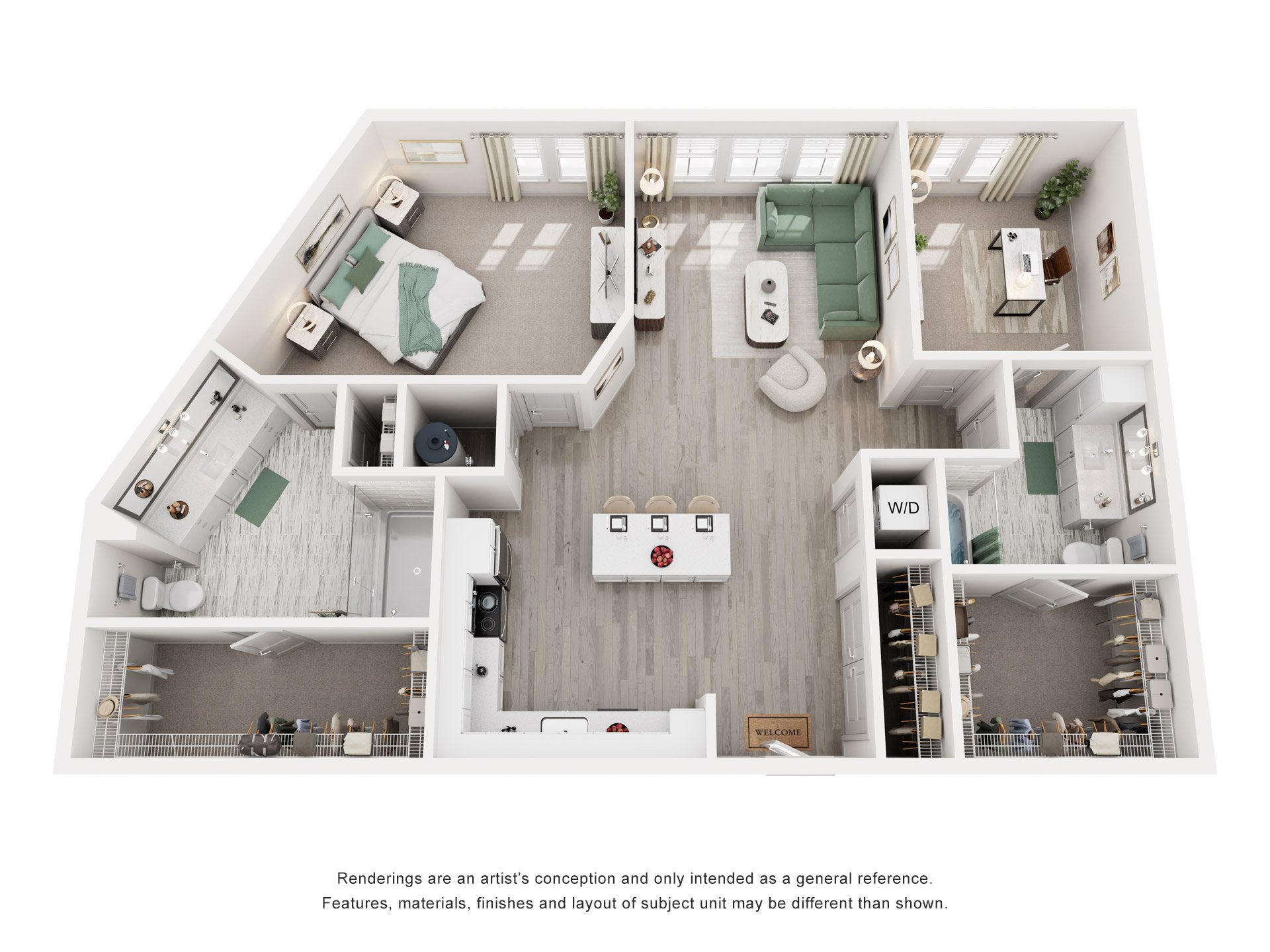 Floor plan for 2 beds, 2 baths, 1277 sqft